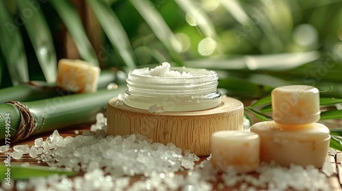 Close focus on skincare creams with a backdrop of fresh bamboo and salt crystals
