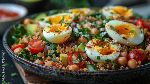  A close-up of a bowl of food containing eggs atop a bed of couscous and vegetables