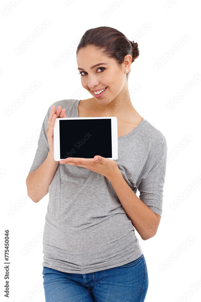 Portrait, smile and woman with tablet, promotion and connection isolated on a white studio background. Face, happy person or model with technology and internet with girl and showing with mockup space