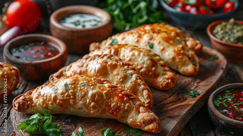 Crispy empanadas on a rustic table with vibrant sauces Crispy empanadas on a rustic table with vibrant sauces