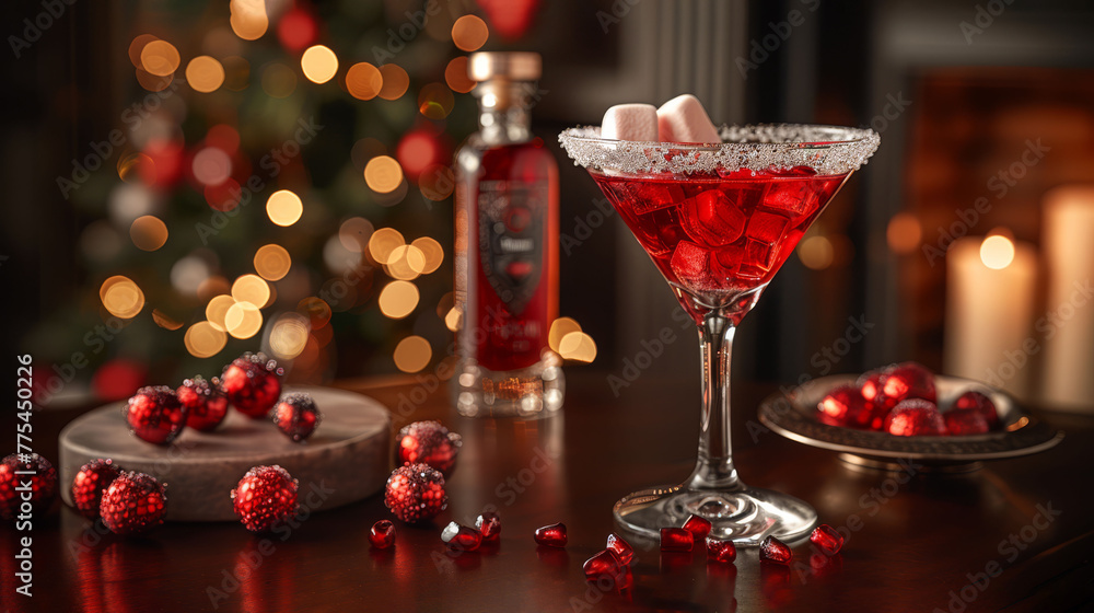 Red liquid in glass, booze bottle & pomegranates plate Red liquid in glass, booze bottle & pomegranates plate