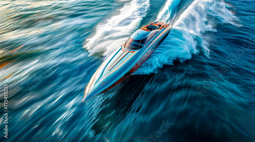 High-speed motorboat racing on a shimmering sea