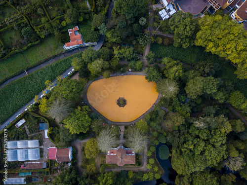 Aerial view of the thermal lake and surrounding landscape of the Terra Nostra Garden Park in Furnas. Sao Miguel, Azores