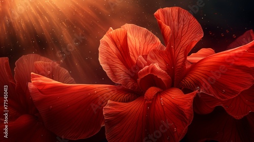  Red flower close-up on black background, illuminated by central bright light