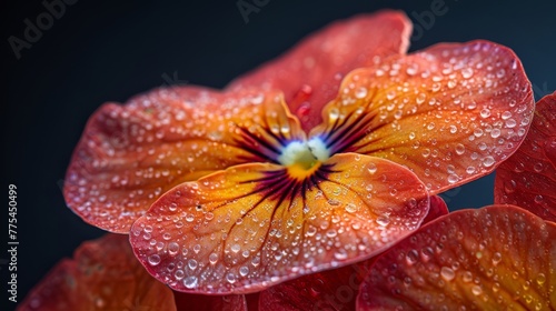   Red flower close-up with water droplets on petals and center