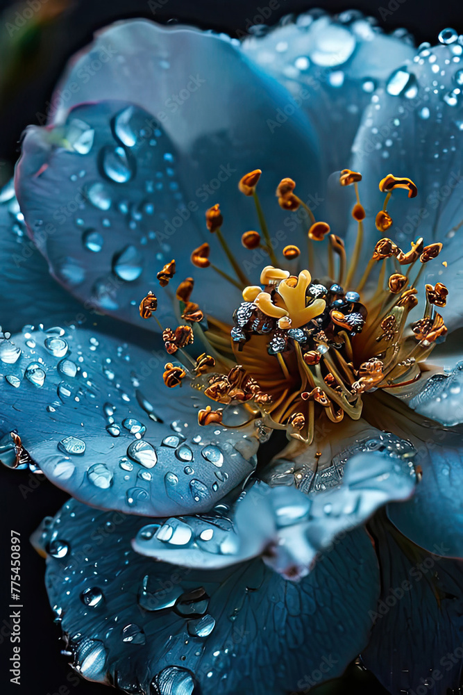 Beautiful blue rose with dew drops on the petals.