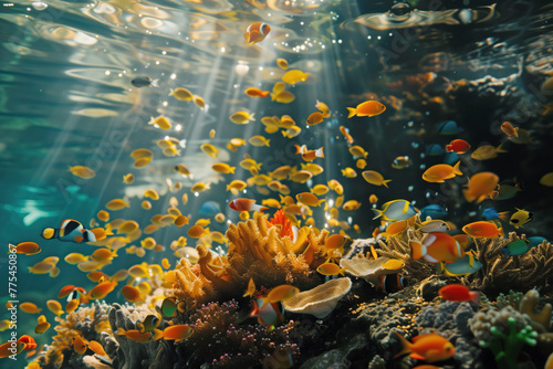 A mesmerizing underwater scene showcasing vibrant marine life, golden coins, and exquisite seashells amidst the coral reefs.