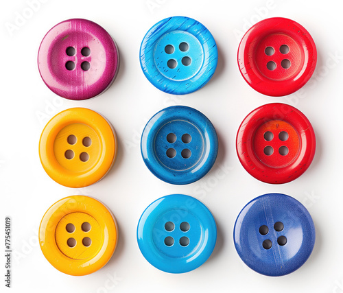 An array of colorful sewing buttons scattered on a white surface, showcasing a variety of shapes and sizes.