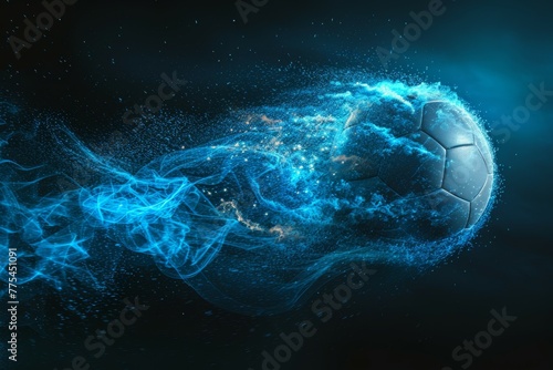 A soccer ball is flying through the air with a blue