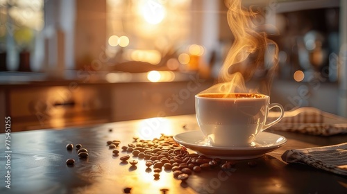 white cup of coffee with steam on a wooden table in a cozy home atmosphere with coffee beans scattered nearby in a warm light. The concept of home comfort and good morning