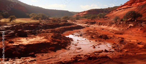 Landscape of a muddy area with dirt and mud, featuring a mountain in the background © AkuAku