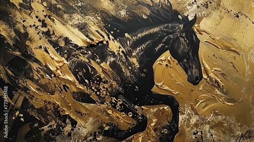 Image of art painting of gold horse. Image of artwork. copy space for text.