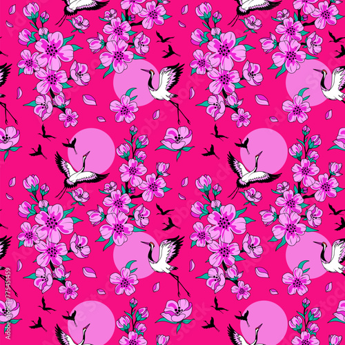 Pattern with cranes birds and sakura. Seamless and vector. Pink background