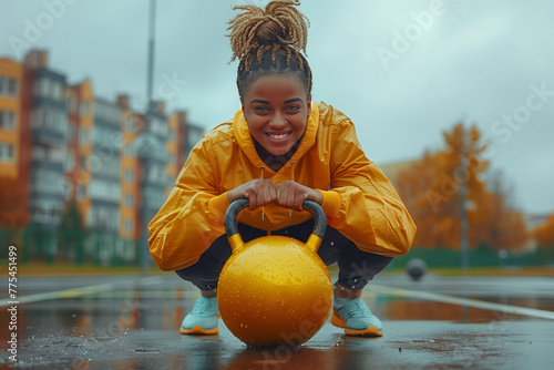 A joyful young woman beams while holding a kettlebell in the rain, exemplifying a positive attitude and enthusiasm for fitness regardless of the weather. photo