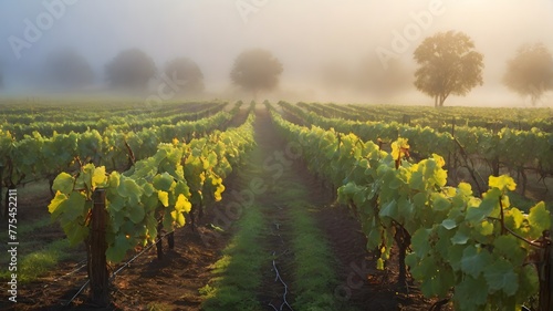 Rows of grapevines disappear into a soft fog photo