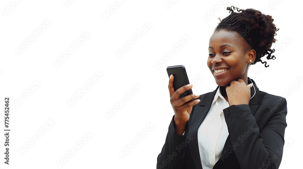  A businesswoman engaging in a conversation on her smartphone, smiling subtly, dressed in formal attire against a pure white backdrop. 
