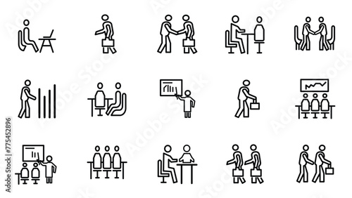 Flat line set of people meeting business corporate discussion icons design vector