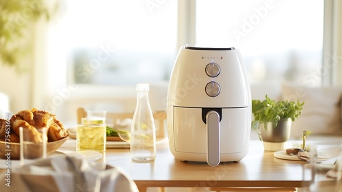 White air fryer or oil free fryer appliance on the wooden table photo