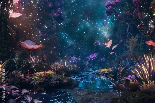 Ethereal garden floating in the vacuum of space with bioluminescent plants, floating water streams, variety of alien fauna basking in the light of nearby nebula created with Generative AI Technology © Generative Plants