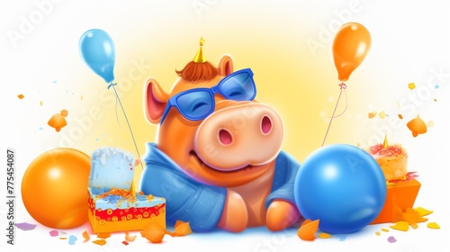 happy cartoon blue hippopotamus wearing orange glasses sits on a white background surrounded by orange balloons, cupcake with candle, falling sparkles. --ar 16:9 --quality 0.5 --stylize 0 --v 5.2 Job
