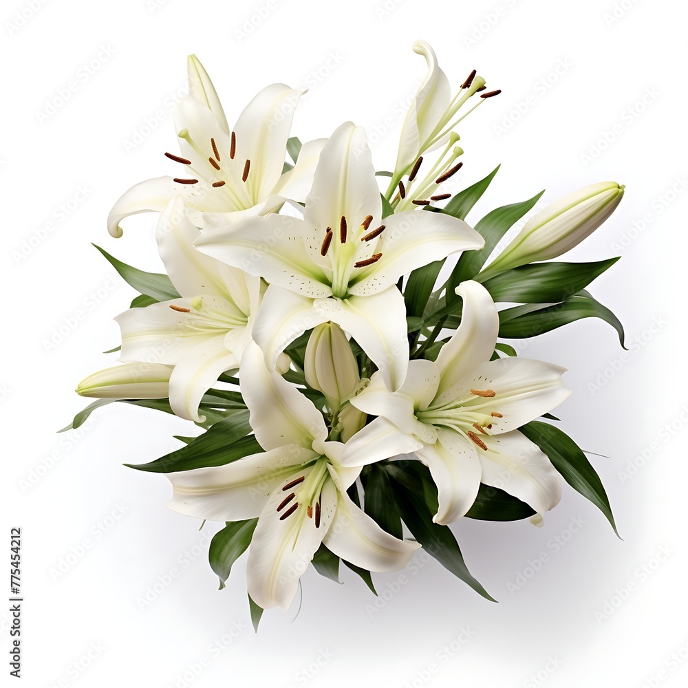 White background light lilies bouquet flowers