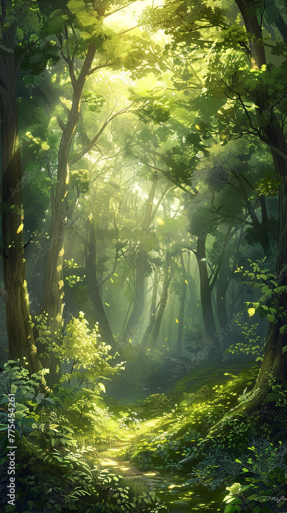 An enchanting forest scene within a greenery landscape, with sunlight filtering through the dense canopy, casting a magical glow.