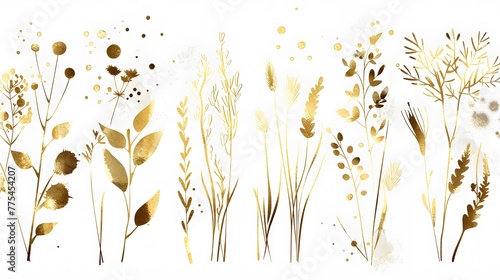 Minimalist style of hand drawn plants. Vector plants and grasses in gold style with gloss effects and and gold paint splatters. With leaves and organic shapes. 