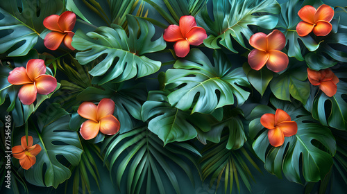 Vibrant tropical flowers and monstera leaves background