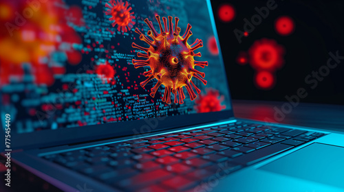 Malicious virus on a laptop screen with code, depicting cybersecurity threats