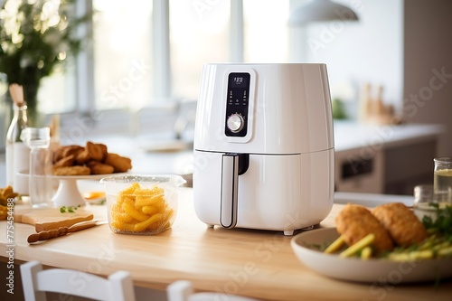 White air fryer or oil free fryer appliance on the wooden table