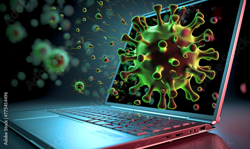 Glowing virus graphic leaping from a laptop screen, symbolizing cyber threats and viruses