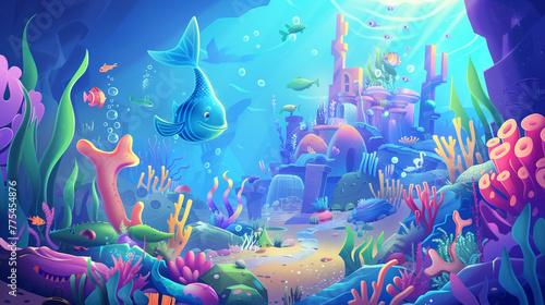 An enchanting mermaid kingdom with beautiful sea creatures and underwater wonders, portrayed in a charming cartoon vector illustration