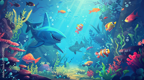 An enchanting underwater world with colorful fish and playful sea creatures, depicted in a charming cartoon vector illustration