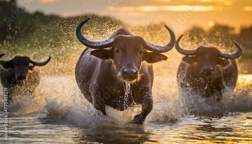 Close up image of a group of african buffalos running through the water in the savanna during wallpaper texted images © Bilawl