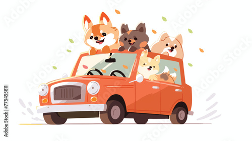 Dogs riding a car on white background illustration