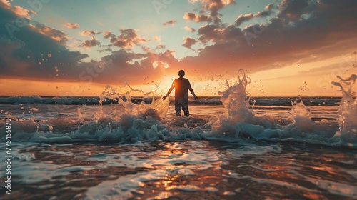 Boy standing at sea view during sun set  photo
