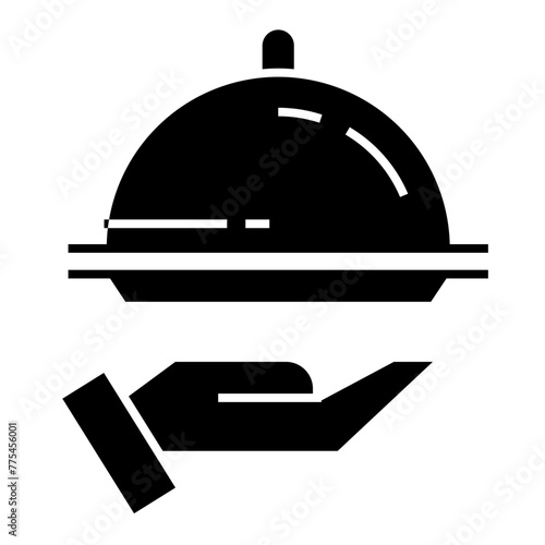 Covered food tray on a hand of hotel room service vector icon