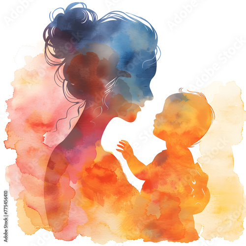 Watercolor silhouette of a mother holding a baby in her hand, celebrating mother's day. Emotional and sentimental artwork depicting the special bond between a mother and her child.