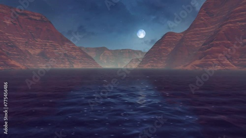 Desolate canyon landscape with mirror water surface of calm river or lake among rocky mountains under night sky with big full moon. With no people natural background 3D animation rendered in 4K photo