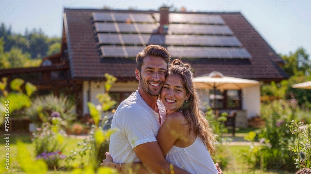 happy couple in front of house with solar panels