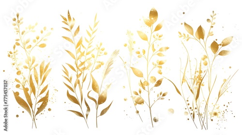 Vector plants and grasses in gold style with gloss effects and and gold paint splatters. Minimalist style of hand drawn plants. With leaves and organic shapes. For your own design.