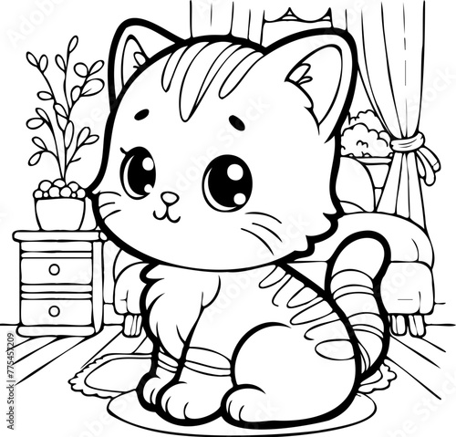Dessin au trait de chat mignon à l'intérieur de la chambre pour livre ou page de coloriage 