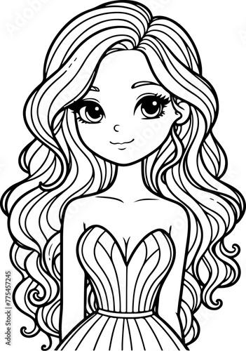 Jeune femme avec de longs cheveux bouclés et robe, dessin au trait pour page ou livre de coloriage