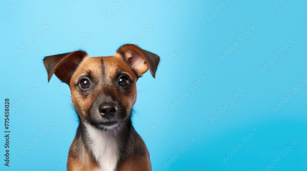 ute small dog with brown patches sitting against a bright blue backdrop, Ai Generated.