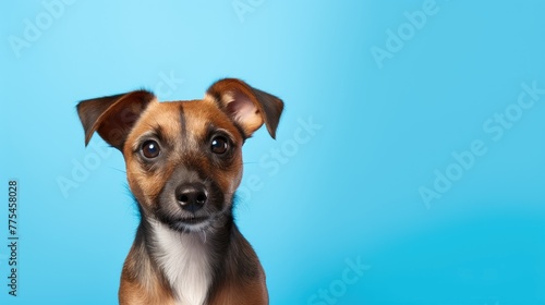 ute small dog with brown patches sitting against a bright blue backdrop, Ai Generated. photo