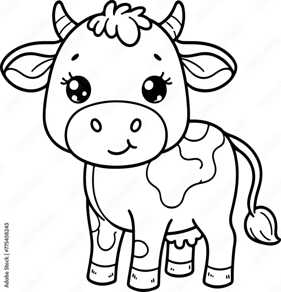 Animal rigolo, vache laitière amusante. Pour page ou livre de coloriage pour enfants. Dessin au trait, isolé, vecteur noir transparent. 