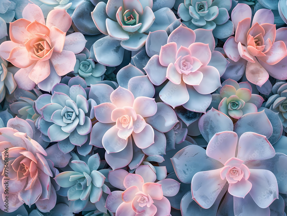 Soft colors succulents with pastel pink flowers on a floral background, ideal for nature and gardening enthusiasts or for adding a touch of beauty and tranquility to any space.