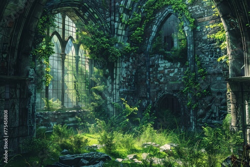 An enchanted garden hidden within medieval castle walls, where all plant life, including trees, has taken on a metallic hue, reflecting the old stone and ironwork created with Generative AI Technology