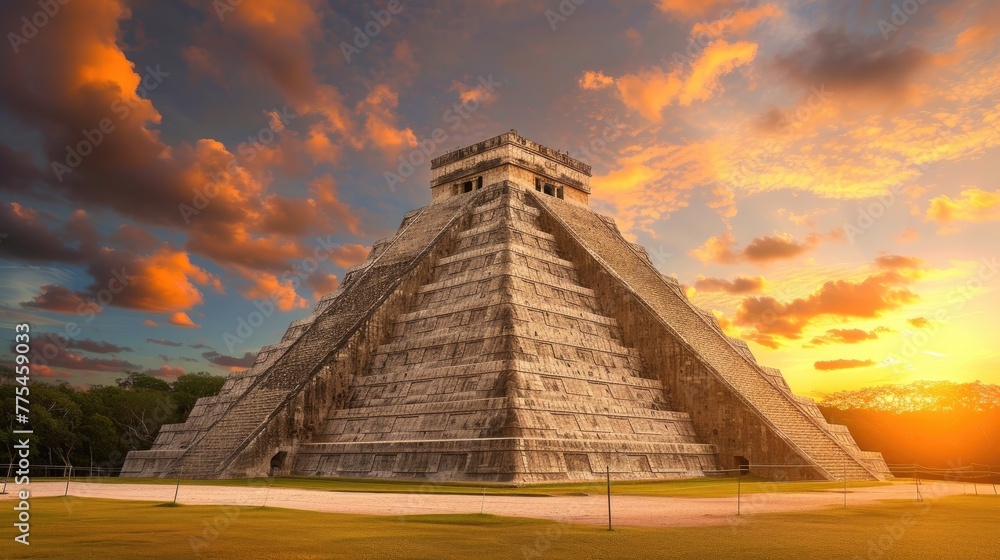 Ancient Pyramid in warm sunset tones, bathed in strong side lighting. Ai Generated Ancient Pyramid in warm sunset tones, bathed in strong side lighting. Ai Generated