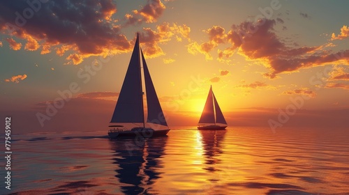 two sailboats gracefully glide in the ocean's sunset hues. Ai Generated